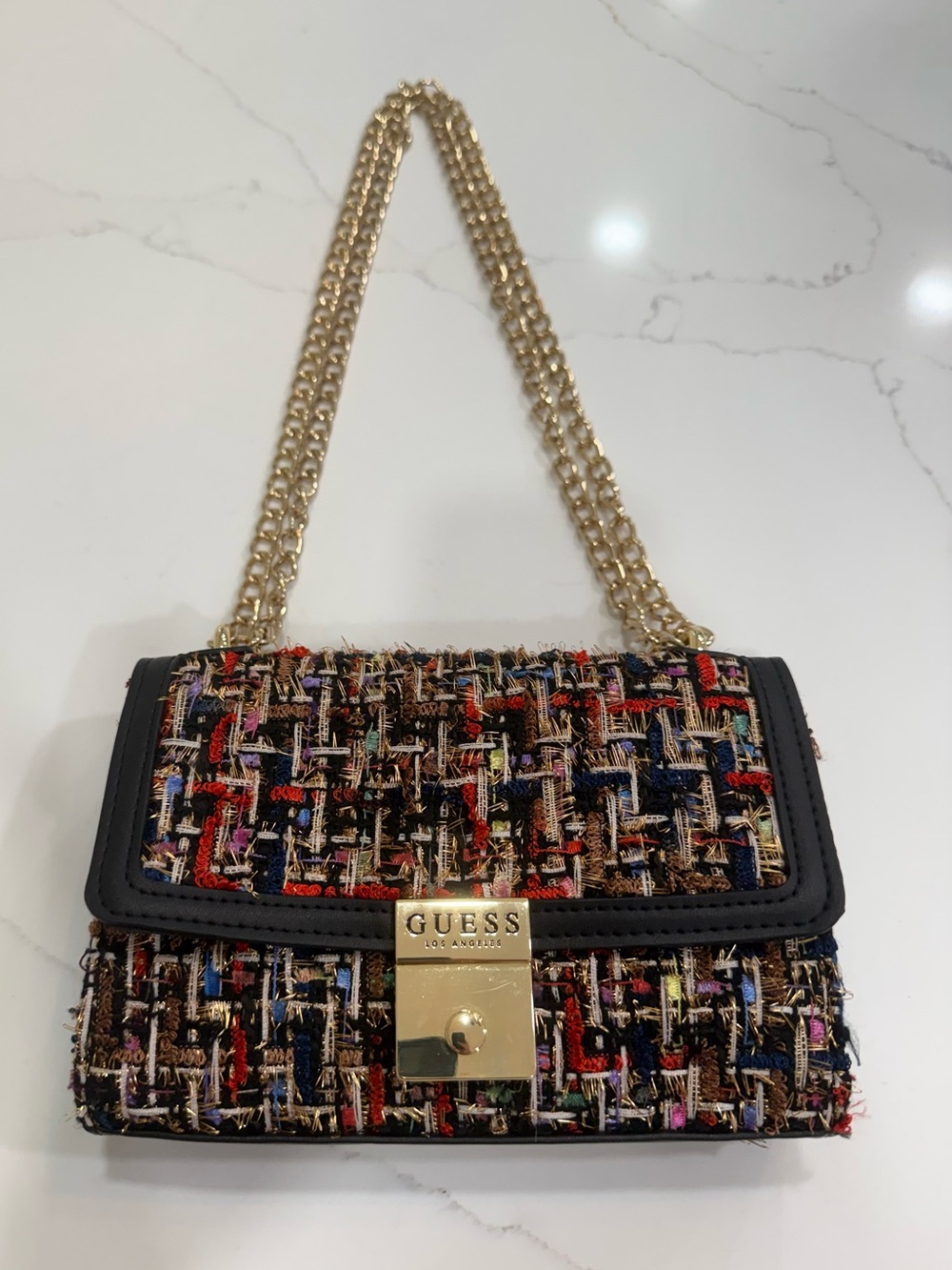 GUESS Multicolor Tweed Crossbody Bag with Gold Chain, Sophie Crossbody